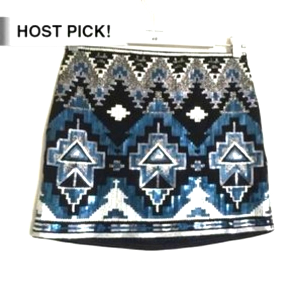 New express blue and silver sequin mini skirt